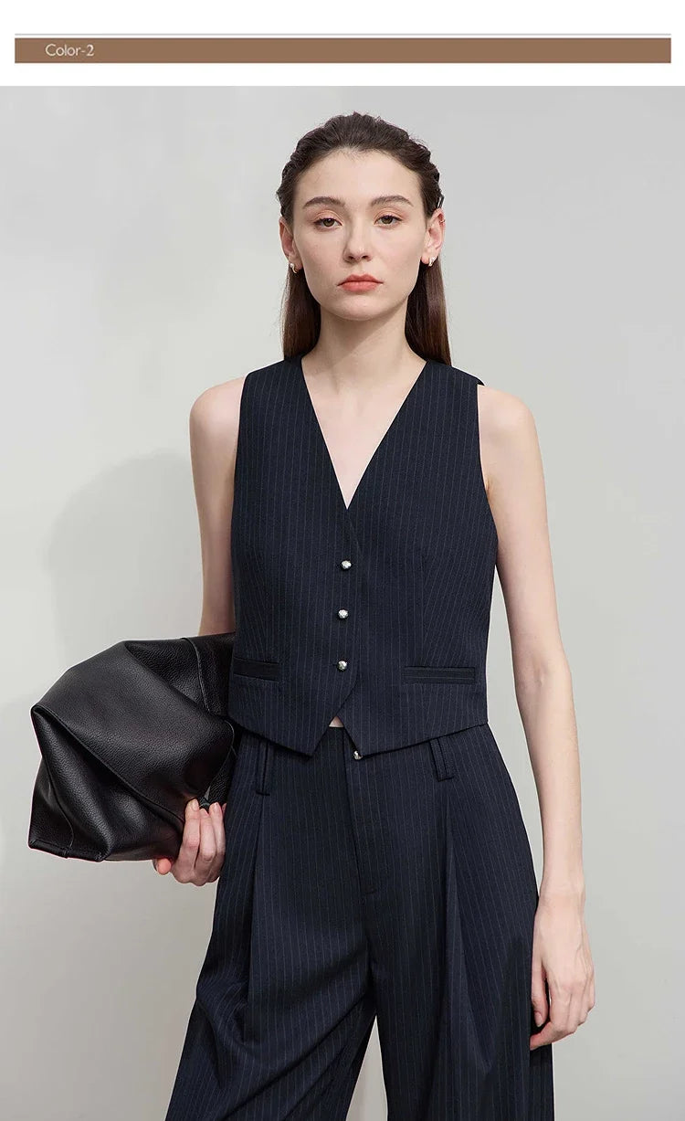 Women's Vest 2025 Autumn New V-neck Single Breasted Striped Sleeveless Vest Women Office Short Elegant Top Female 12523090