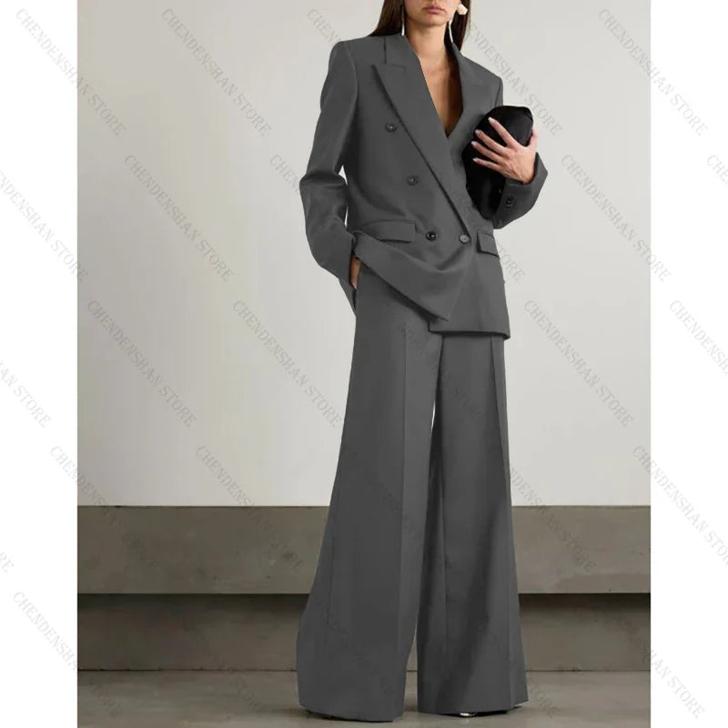 Chic Loose Dark Brown Double Breasted Women Pants Set High-end Female Two Pieces(Jacket+Trousers)أطقم بناطيل