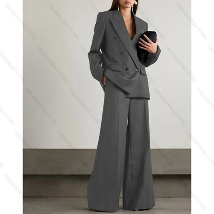 Chic Loose Dark Brown Double Breasted Women Pants Set High-end Female Two Pieces(Jacket+Trousers)أطقم بناطيل