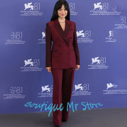 Women's Burgundy Color-blocked Suit Peak Lapel Double Breasted 2 Piece Jacket Pants Set Formal Office Business Blazer