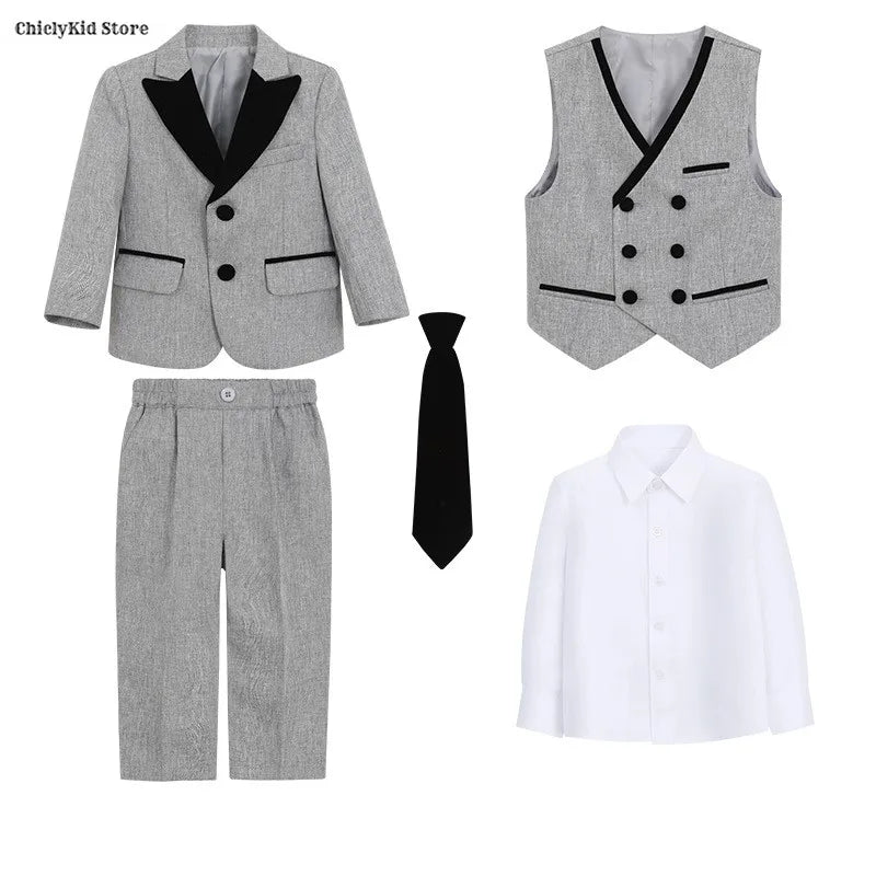 Boys Fashion Blazer Jacket Waistcoat Pants Wedding Suits Kids Morning Coat Formal Dress Children Tuxedos Toddler Clothes Sets