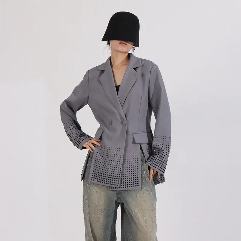 2026 Spring Autumn New Women's Blazer Notched Collar Double Breasted Split Studded Diamonds High-end Elegant Jacket HK18785