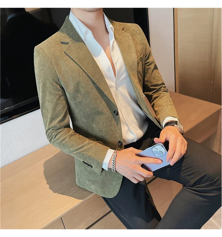 2023 Fashion Men's Corduroy Blazers Top Quality Business Casual Suit Jackets Slim Fit Wedding Groom Streetwear Social Dress Coat
