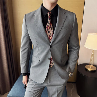 Men's bird's eye pattern high-end craftsmanship summer thin suit set, two-piece wedding banquet business casual suit