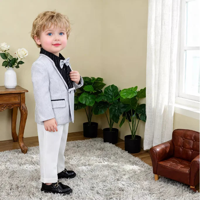 Boys Elegant Silver Suit Set Kids Piano Host Speech Catwalk Performance Costume Children's Wedding Birthday Photogrpahy Outfit