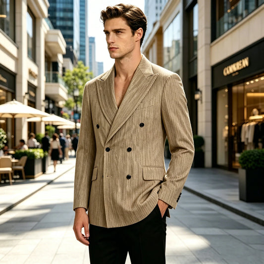 Men's Linen Double Breasted Blaze Notch Lapel Slim Fit Suit Jacket Formal Business Casual Sport Coat for Wedding Party Summer