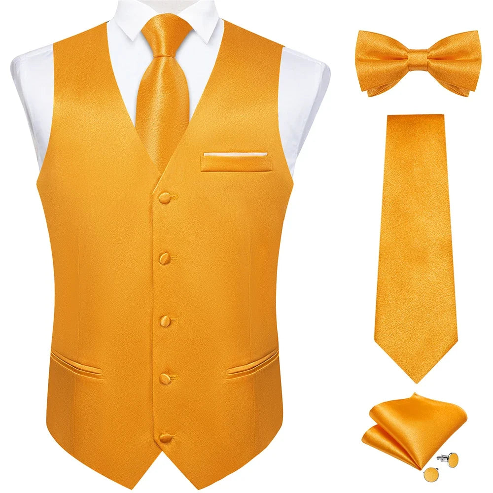 Men's Satin Suit Vest Set with Necktie Bow Tie Handkerchief and Cufflinks for Wedding and Formal Occasions