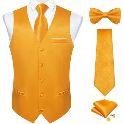 Men's Satin Suit Vest Set with Necktie Bow Tie Handkerchief and Cufflinks for Wedding and Formal Occasions