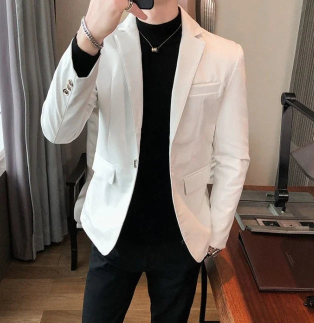 Thin Leather Man Suits and Blazers Simple Breasted Clothing Handsome Classic Menswear High Quality Coats Casual Jacket for Men
