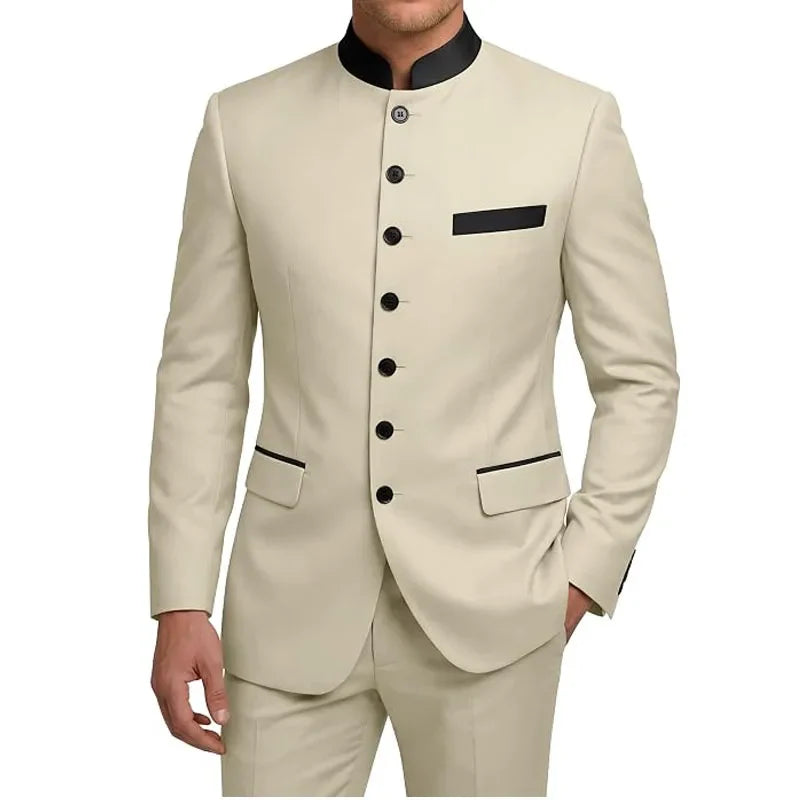 Men's 2-Piece Serge Suit Mandarin Collar Slim Fit Formal Set for Weddings and Business