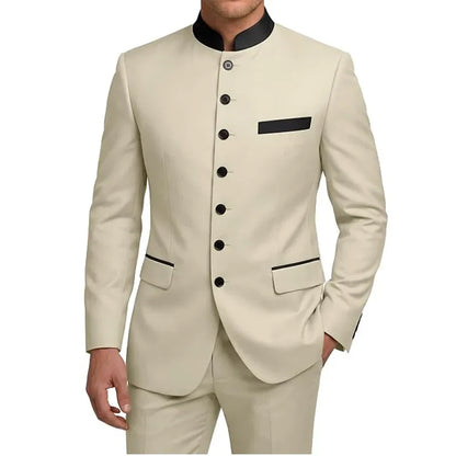 Men's 2-Piece Serge Suit Mandarin Collar Slim Fit Formal Set for Weddings and Business