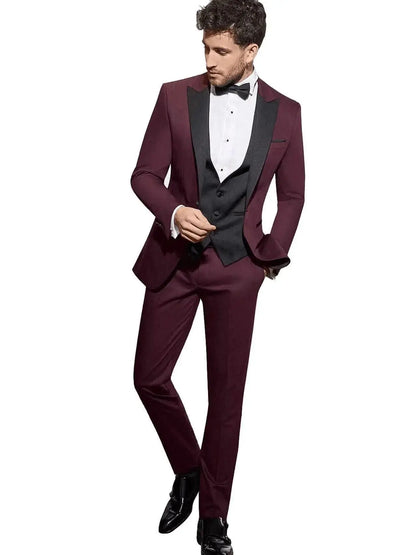 Burgundy Men Suits Slim Fit 3 Piece Peak Lapel Single Breasted Suit Men Wedding Prom Party Business Tuxedos (Blazer+Vest+Pants)