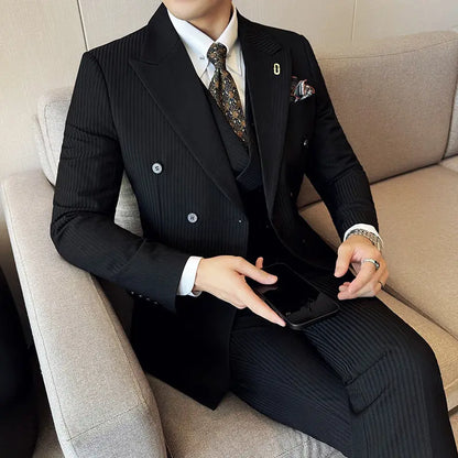 Korean Slim Fitt Wedding Suit Fashion Striped Double Breasted Suit 3 Piece Set Business Formal Casual Party Prom Host Suits
