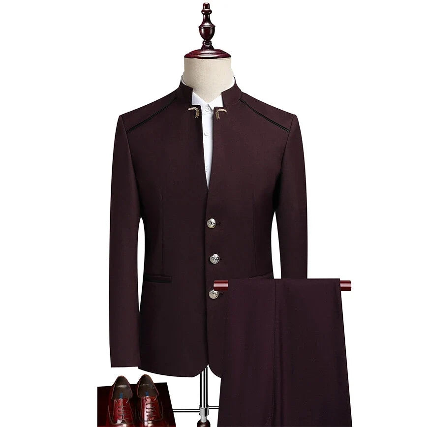Men's Single-Breasted Slim Suit Two-Piece Set – Chinese-Style Stand-Up Collar – Smart Casual