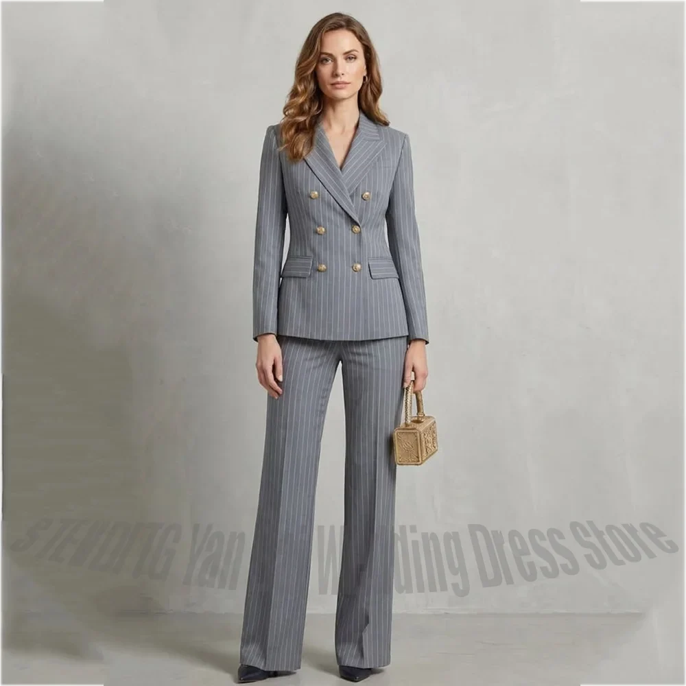 Business Women Striped Suits Formal Outfit Office Lady Peak Lapel Double Breasted Slim Fit Female Set For Work Daily Events