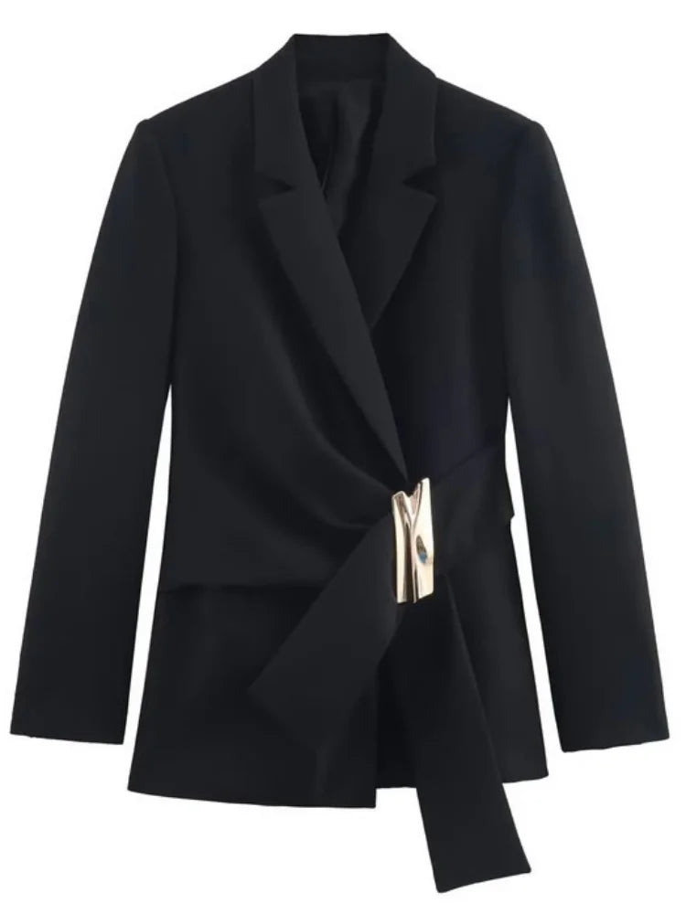 Women Asymmetric Buckle Blazer Elegant Wrap Suit Jacket Slim Waist Tailored Office Lady Workwear Fashion Blazer Coat