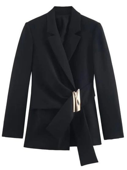 Women Asymmetric Buckle Blazer Elegant Wrap Suit Jacket Slim Waist Tailored Office Lady Workwear Fashion Blazer Coat