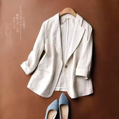 Women's Linen Blazer Loose Fit Single Button 3/4 Sleeve Lightweight Casual Suit Jacket