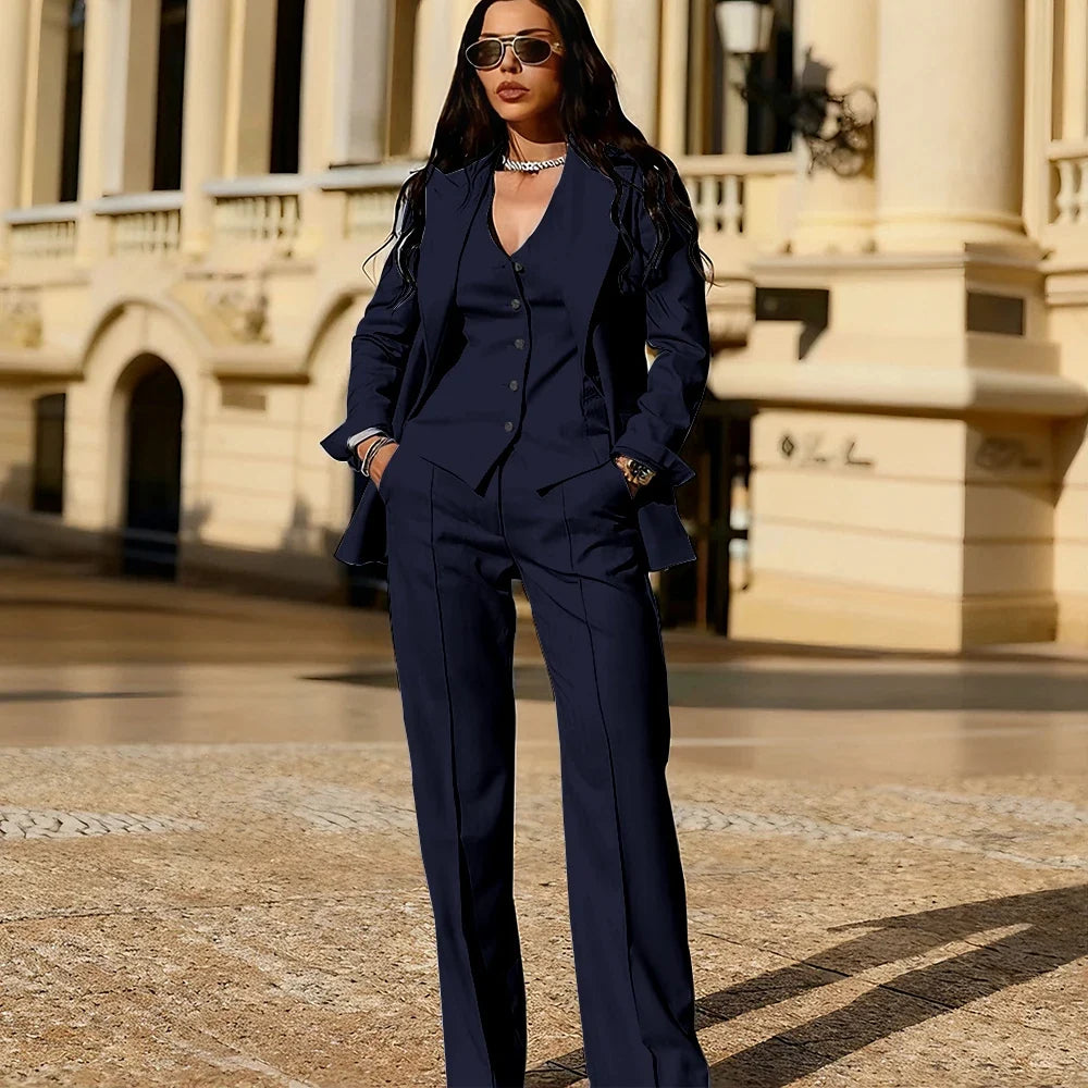Light Blue 3 Piece Suit Set New Women's Jackets Single Breasted Peaked Lapel Blazer+Vest+Pants Formal Office Commute Outfit