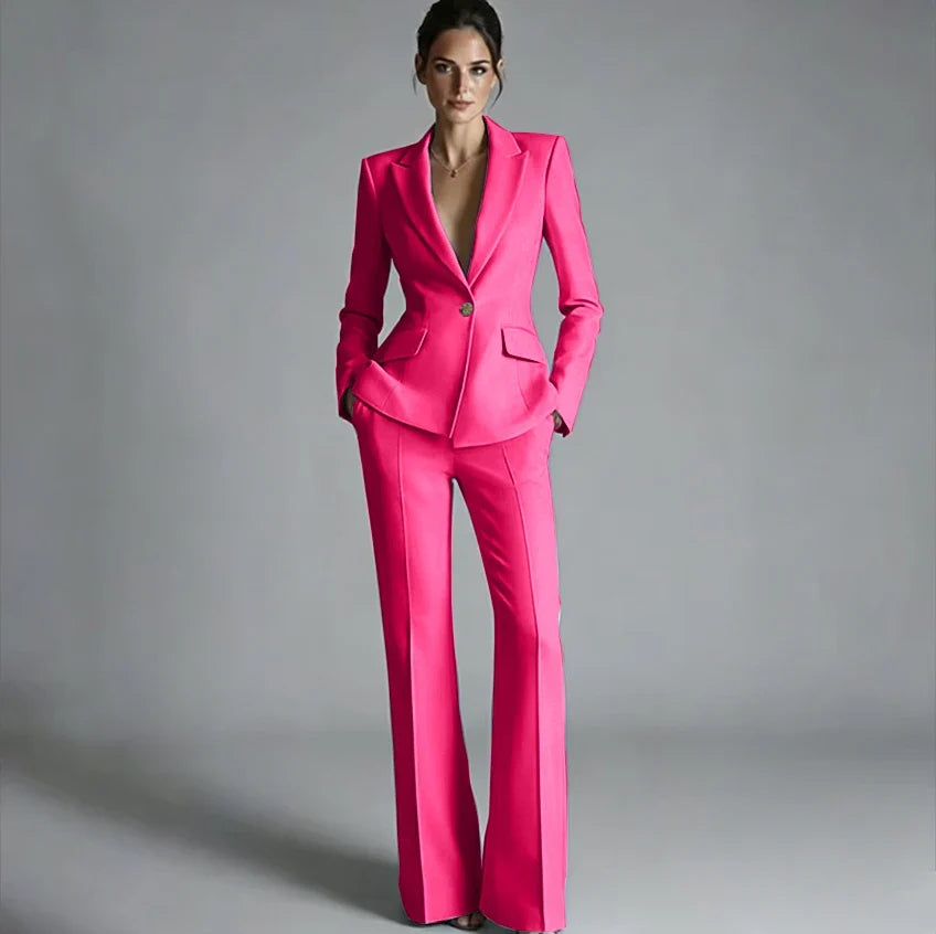 Elegant Women's One-Button Jacket+Pants Suit Set Classic Pink Peaked Lapel 2 Piece Formal Business Wedding Guest Outfit