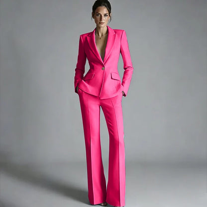 Elegant Women's One-Button Jacket+Pants Suit Set Classic Pink Peaked Lapel 2 Piece Formal Business Wedding Guest Outfit