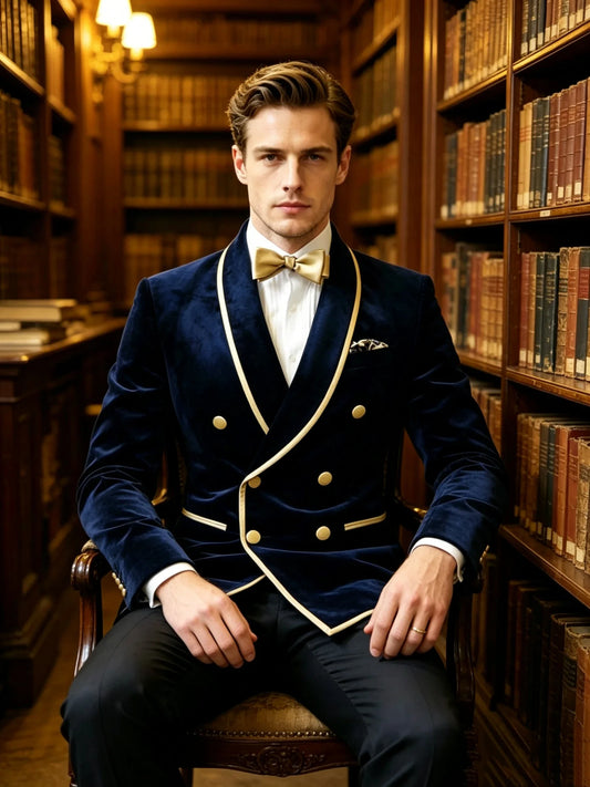 Fashion Navy Blue Velvet Men's Suit 2 Piece Slim Fit Wedding Prom Party Tuxedo Elegant Formal Events Dress Set(Blazer+Pant)