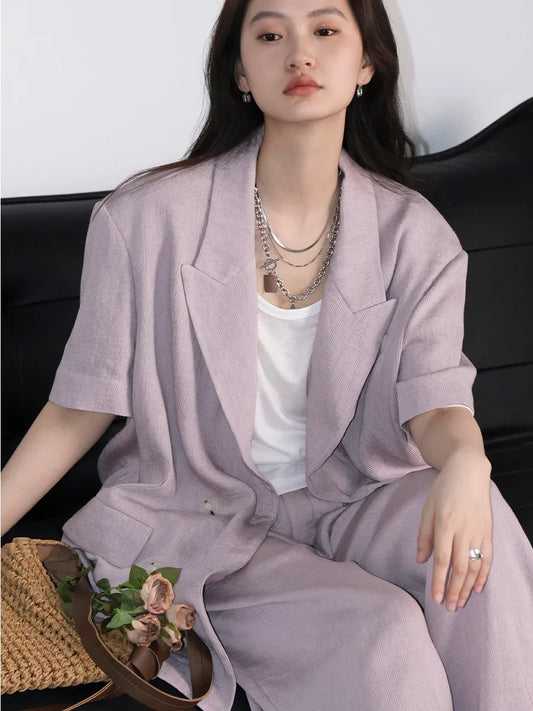 Women Blazer Loose New Double Breasted Short Sleeved Female Jacket Wide Leg Pants Summer Short Sets 2024