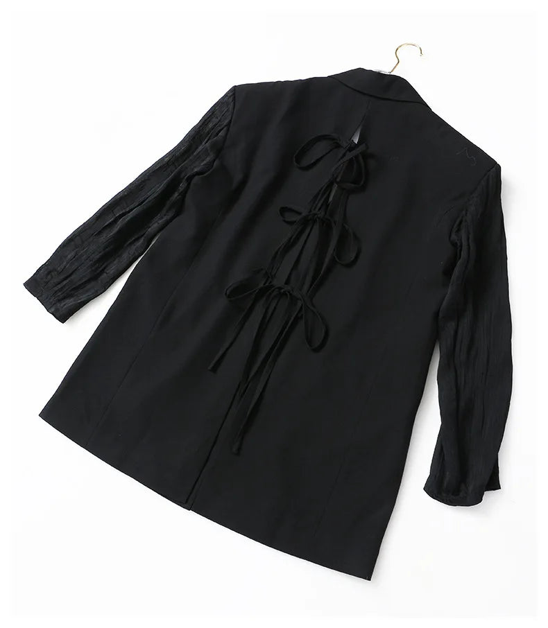 Women Chic Blazer Pleated Long Sleeves Single Breasted Notched Collar Back Lace-up Elegant Ins Coat New Spring 2026 HK19456