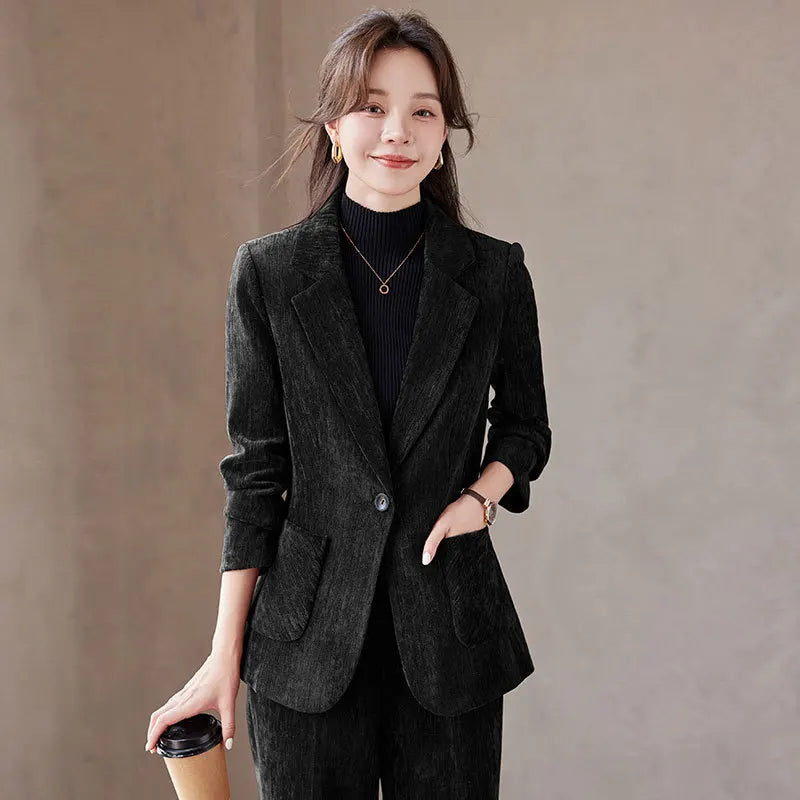 2024 Autumn New Corduroy Elegant Pant Suit Ladies Formal Business Work Wear 2 Piece Set Black Coffee Jacket Blazer And Trouser