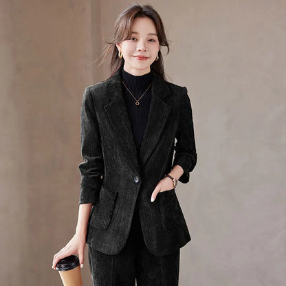 2024 Autumn New Corduroy Elegant Pant Suit Ladies Formal Business Work Wear 2 Piece Set Black Coffee Jacket Blazer And Trouser