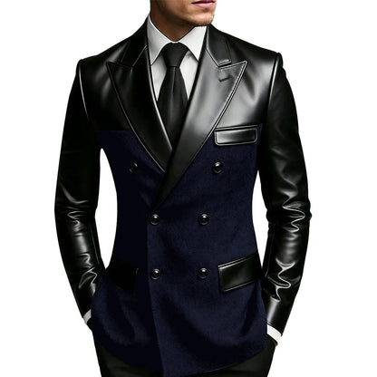 Men's Double Breasted Suit Blazer with Leather Patchwork for Weddings and Formal Events