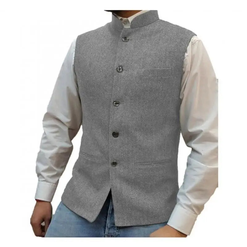 Men's Vest Standing Collar Herringbone Woolen Blend Single Breasted Waistcoat for Business & Casual Wear