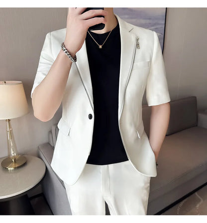 2023 Summer Zipper Decoration Blazers Men Casual Business Suit Jacket Slim Fit 3/4 Sleeve Streetwear Social Jacket Men Clothing