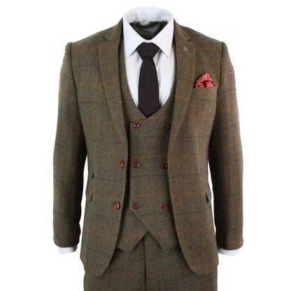 Élégant ensemble de costumes pour hommes 3 pièces à carreaux marron en laine à chevrons pour mariage, bureau, smoking, formel, affaires - Veste Gilet Pantalon