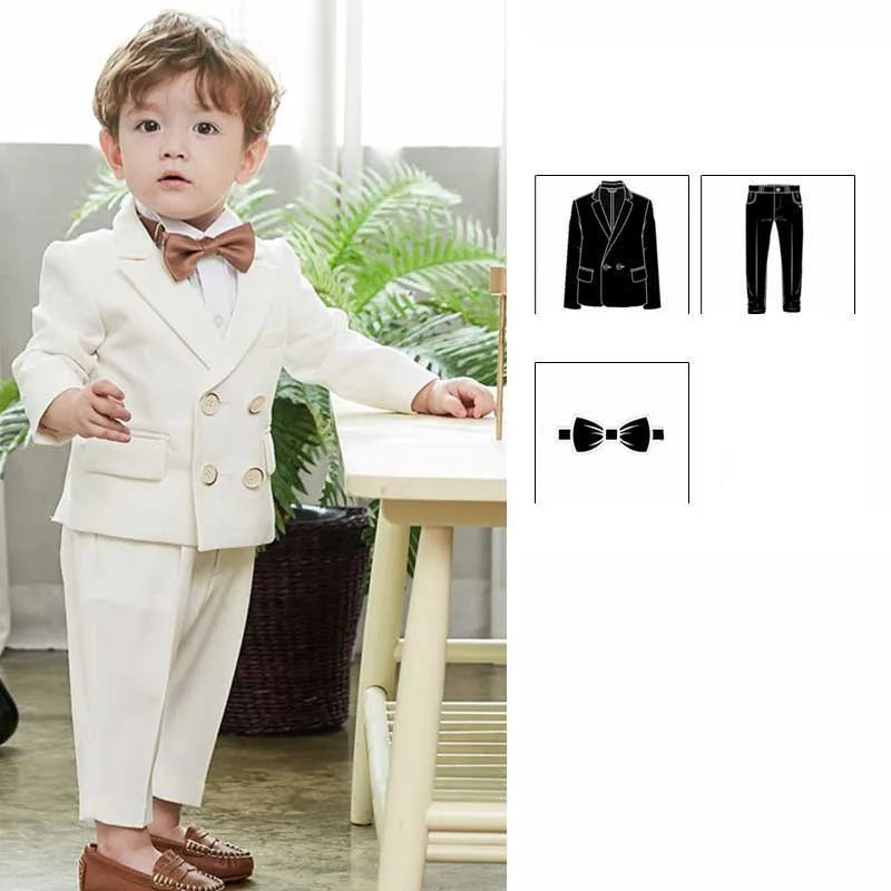 Gentleman Kids Summer White Photography Suit Children Jacket Pants Bowite 3PCS Performance Costume Baby Birthday Wedding Dress