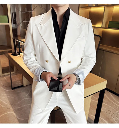 Korean Style Double Breasted Suit Jacket for Men Fashion Casual Business Suit Jackets Office Social Banquet Blazer Masculino