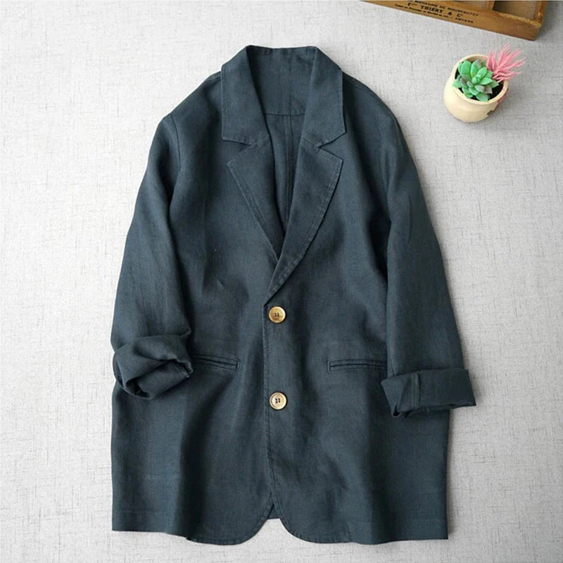 Elegant Long Sleeve Women's Linen Suit Jacket Thin Outerwear New Spring Fashion Ladies' Classic Versatile Pure Cotton Blend
