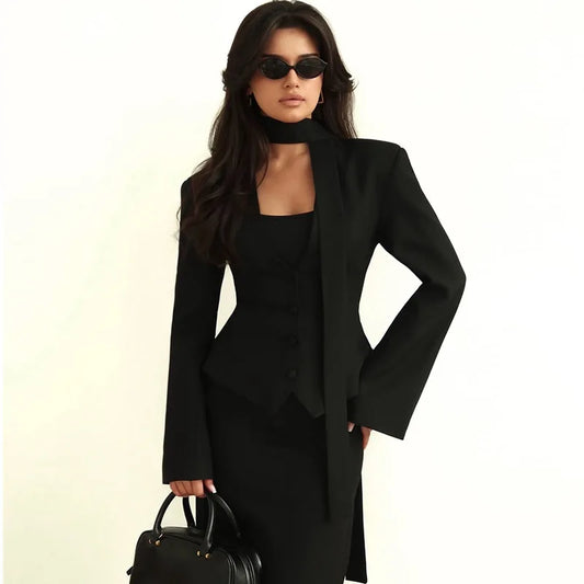 Women's Blazer Jacket Choker Tie Lapel Button Front Long Sleeve Slim Fit Peplum Office Work Formal OuterwearMultipleColors