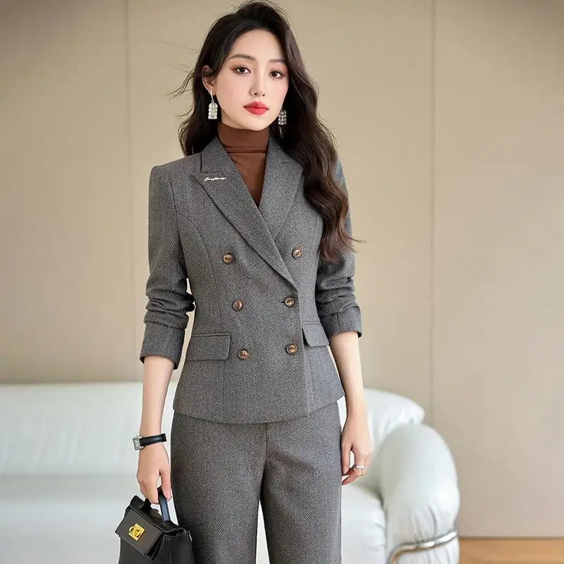 Elegant Lady Wide Leg Pant Sets for Women 2 Pieces Blazer Suit Double Breasted Jacket Trousers Outfit Female Autumn Winter