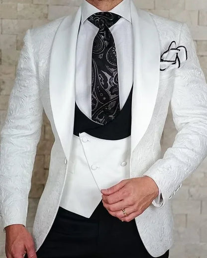 Men wedding Suits Pattern and Black Groom Tuxedos Shawl Satin Lapel Groomsmen Wedding Best Man ( Jacket+Pants+Vest)