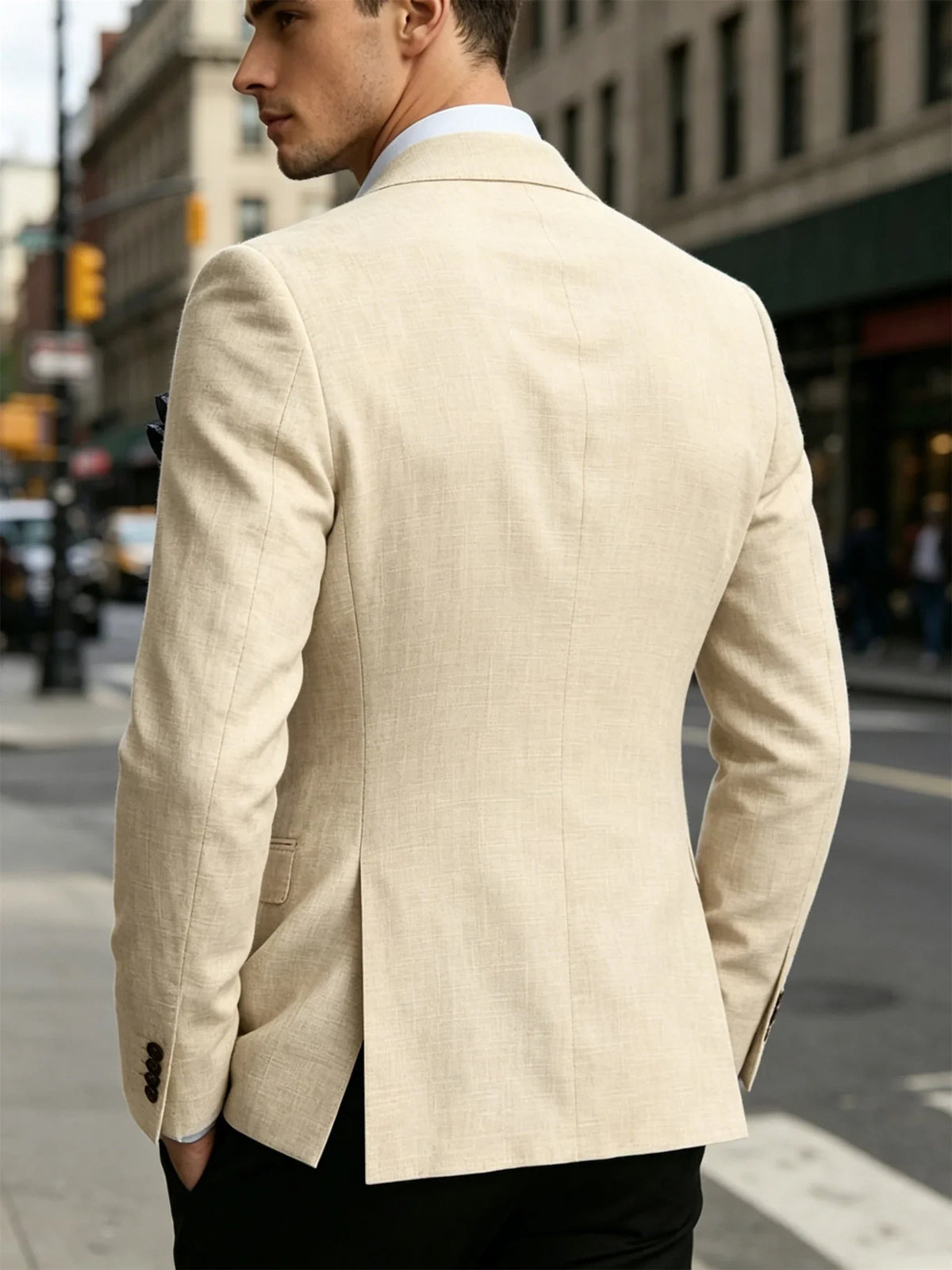 Men’s Linen Blend Suit Blazer Double Breasted Casual Peak Lapel British Style Jacket  Soft Breathable Men Suit For Summer Beach