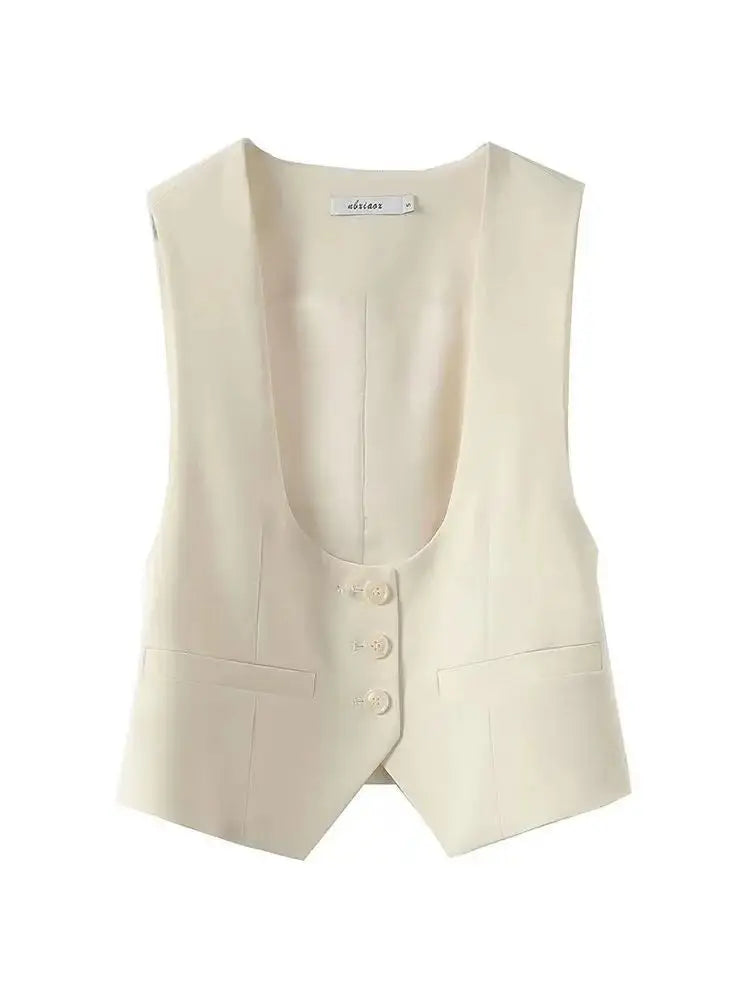 Unisex Beige Sleeveless Vest V-Neck Buttoned Waistcoat for Formal Casual Wear