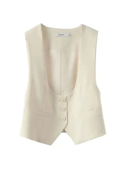 Unisex Beige Sleeveless Vest V-Neck Buttoned Waistcoat for Formal Casual Wear