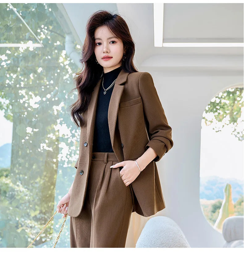 Autumn Winter 2024 New Apricot Coffee Black Elegant Double Breasted Blazer Top And Women High Waist Wide Leg Pant Two Piece Set