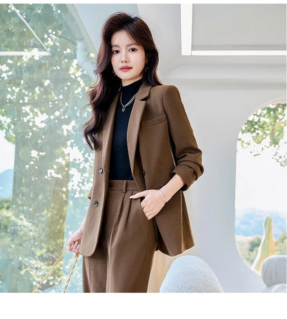 Autumn Winter 2024 New Apricot Coffee Black Elegant Double Breasted Blazer Top And Women High Waist Wide Leg Pant Two Piece Set