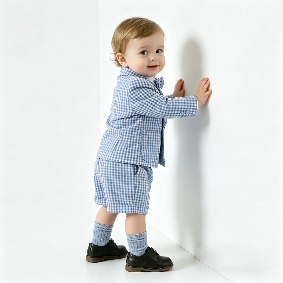 Toddler Baby Boy Checked Formal Suit Set 3 Pcs  Blazer Suspender Short Infant Gentleman Clothes For Wedding Birthday Photography