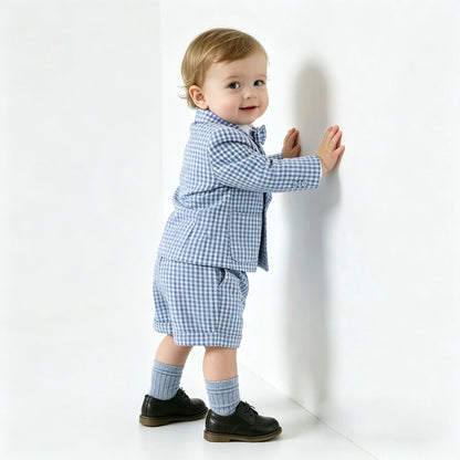 Toddler Baby Boy Checked Formal Suit Set 3 Pcs  Blazer Suspender Short Infant Gentleman Clothes For Wedding Birthday Photography