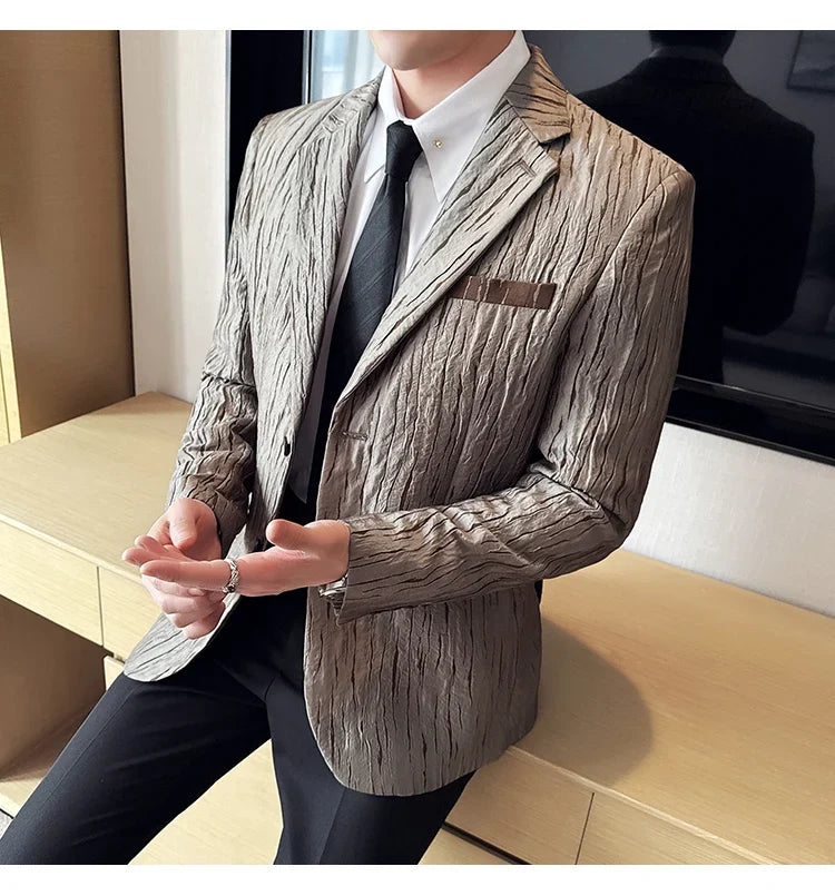 Korean Trend 3D Pleated Suit Jacket for Men Wedding Groom Business Dress Jacket Casual Banquet Party Host Blazer Masculino