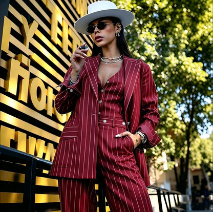 Women's Green Pinstripe 3-Piece Suit Professional (Blazer+Vest+Pants) Set Formal Outfit Chic Streetwear Evening Party Costume