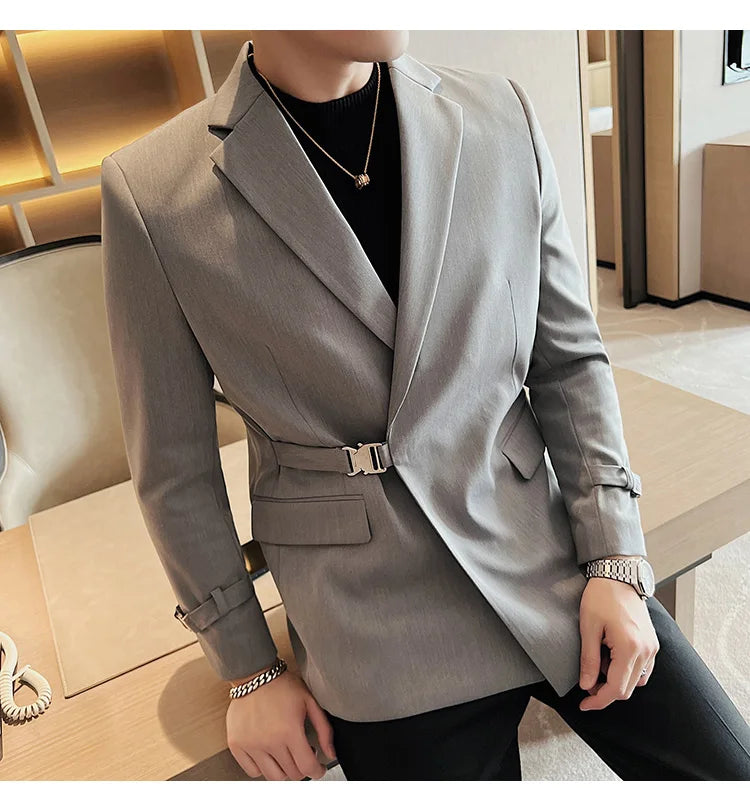 Men's Slim Fit Blazer Metal Buckle Decoration Smart Casual Wedding Party Jacket